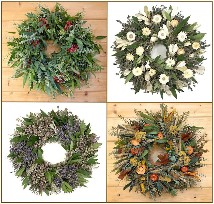 Essential Wreath Subscription - Creekside Farms Handmade with combinations of fresh eucalyptus and dried herbs wreaths for each season 16"/16"/20"/20"