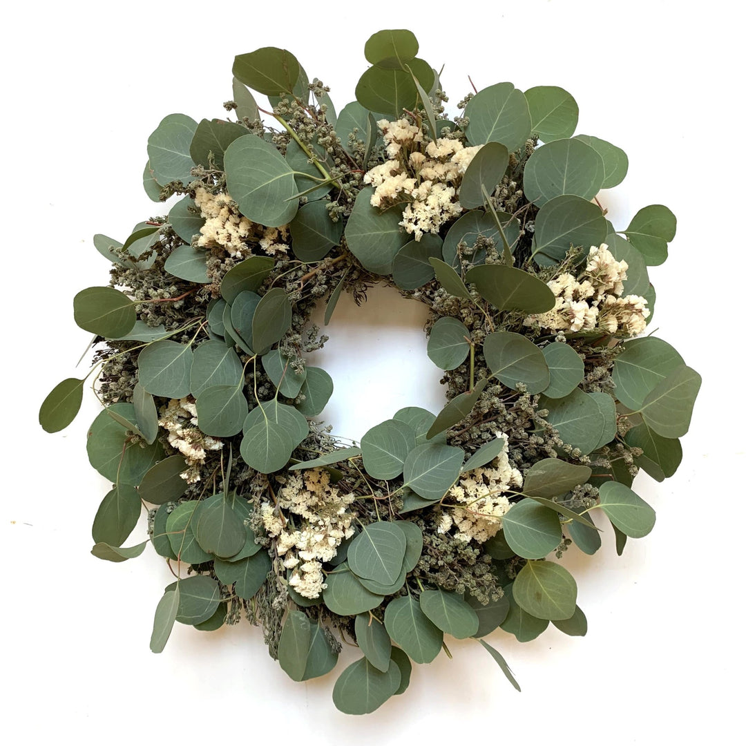 Eucalyptus and Marjoram Wreath - Creekside Farms Beautiful combination of sweet marjoram, fresh eucalyptus and white statice wreath 20"