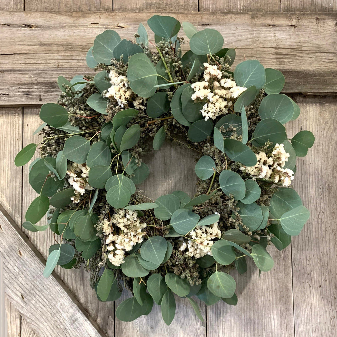 Eucalyptus and Marjoram Wreath - Creekside Farms Beautiful combination of sweet marjoram, fresh eucalyptus and white statice wreath 20"