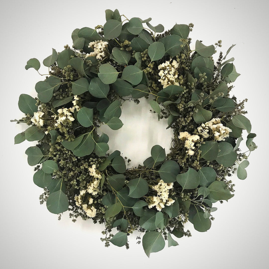 Eucalyptus and Marjoram Wreath - Creekside Farms Beautiful combination of sweet marjoram, fresh eucalyptus and white statice wreath 20"