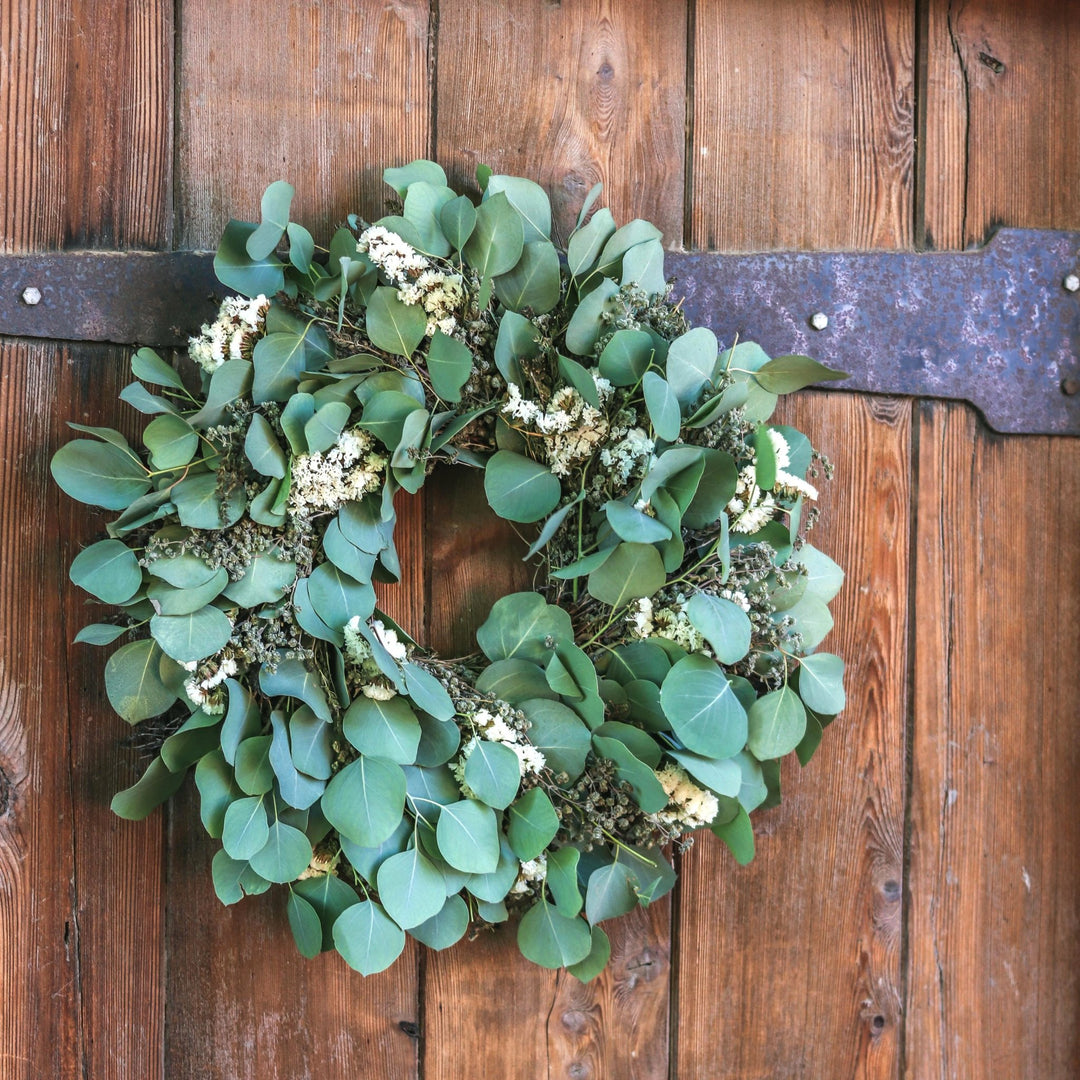 Eucalyptus and Marjoram Wreath - Creekside Farms Beautiful combination of sweet marjoram, fresh eucalyptus and white statice wreath 20"