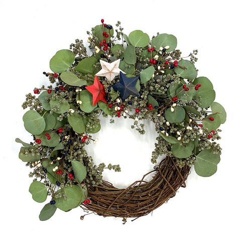 Eucalyptus & Berries Freedom Wreath - Creekside Farms Dried marjoram and fresh eucalyptus accented with metal stars and faux berries 18" wreath