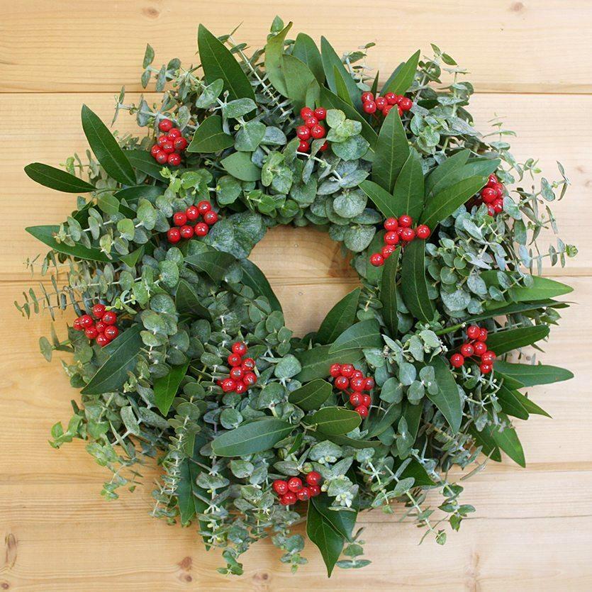 Eucalyptus Berry Wreath - Creekside Farms Handmade with California greens, eucalyptus & bay with faux berries wreath 18"/22"