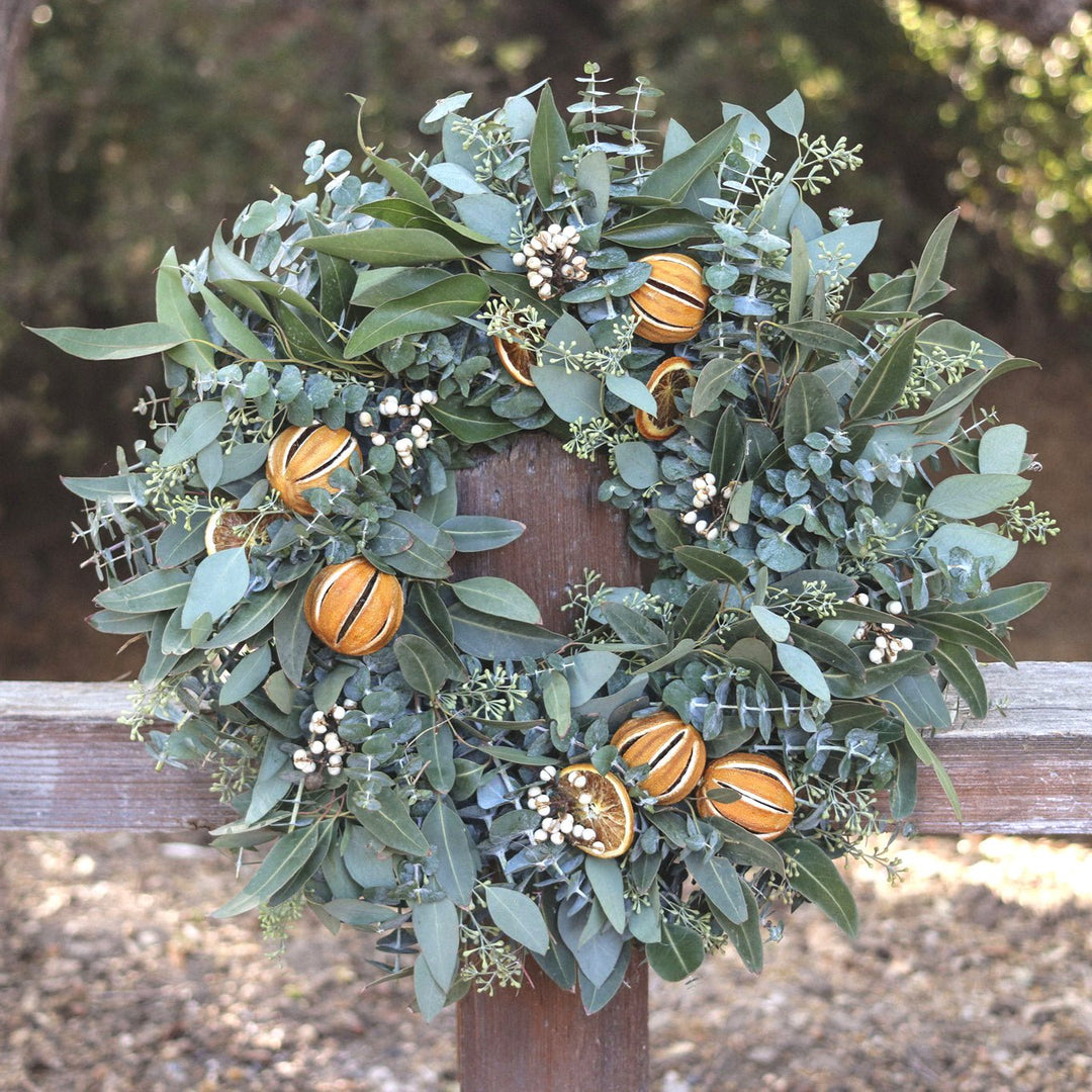 Eucalyptus Citrus Wreath - Creekside Farms Fresh mixed eucalyptus with tallow berries, orange slices and whole slit oranges wreath 20"