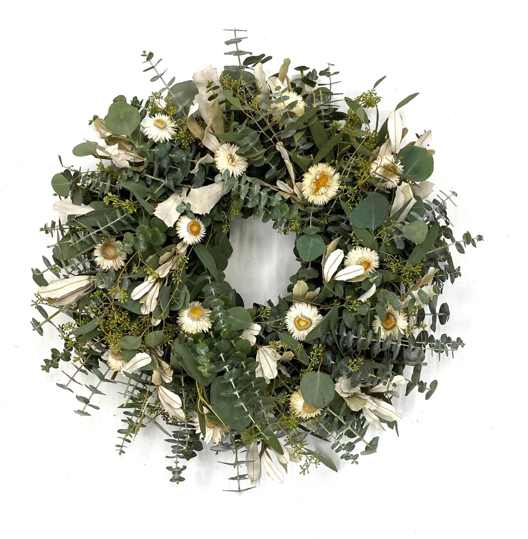 Eucalyptus Pearl Wreath - Creekside Farms Our classic Pearl Wreath with a gorgeous twist! Warmly decorated with white strawflowers on a bed of fresh eucalyptus wreath 16" & 20"