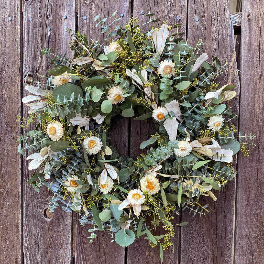 Eucalyptus Pearl Wreath - Creekside Farms Our classic Pearl Wreath with a gorgeous twist! Warmly decorated with white strawflowers on a bed of fresh eucalyptus wreath 16" & 20"