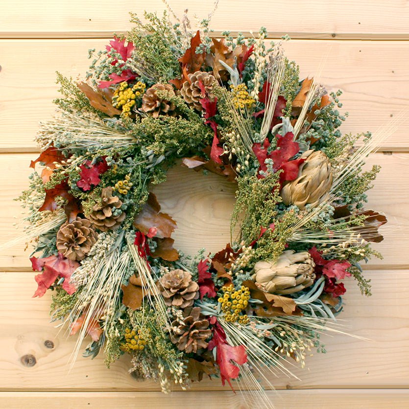 Fall Abundant Wreath - Creekside Farms Stunning fall leaves, herbs, dried artichokes, pine cones & tansy wreath 18"/22"