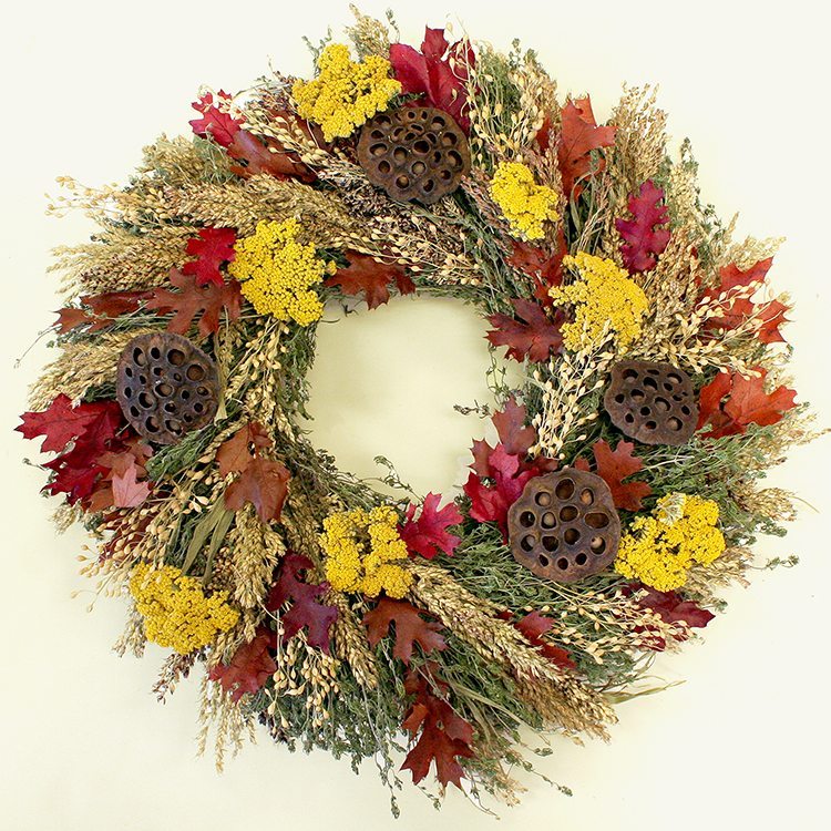 Fall Inspirations Wreath - Creekside Farms Vibrant blend of grains, herbs, fall leaves, and yarrow wreath 22"/26"