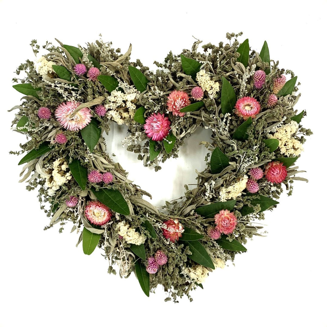 Floral Sweetheart Wreath - Creekside Farms Lovely combination of dried herbs, artemisia, strawflower, statice, globe amaranth, fresh bay heart wreath 15"