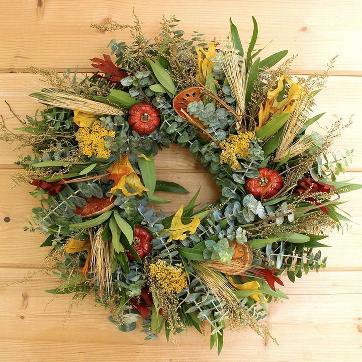 Fresh and Fragrant Wreath - Creekside Farms Eucalyptus, bay, quince slices, peppers, sweet Annie, leaves, wheat & willow wreath 16"/18"/22"/30"