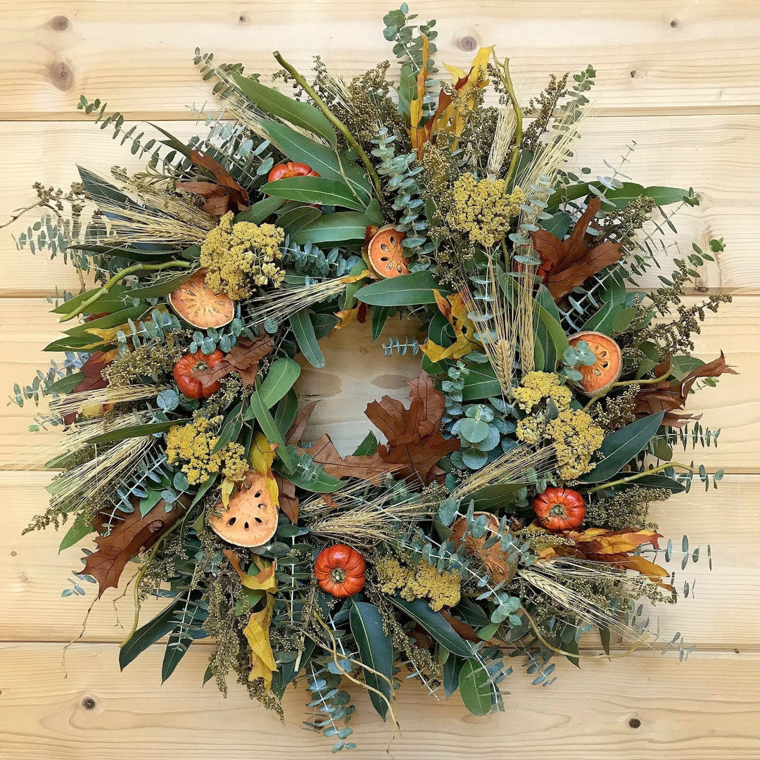 Fresh and Fragrant Wreath - Creekside Farms Eucalyptus, bay, quince slices, peppers, sweet Annie, leaves, wheat & willow wreath 16"/18"/22"/30"