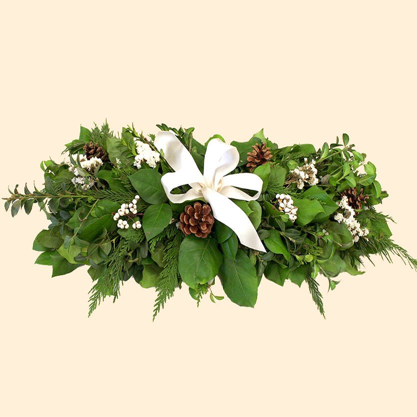 Fresh Winter Centerpiece - Creekside Farms Elegant fresh salal, boxwood & cedar with pine cones, berries & larkspur centerpiece 23"x10"