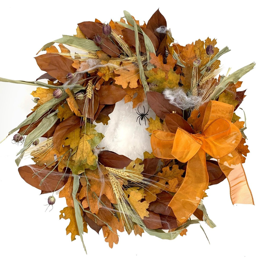 Halloween Spider Wreath - Creekside Farms Halloween wreath made with fall leaves and grains, faux spider and web with orange bow wreath 19"