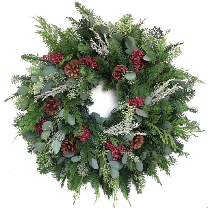 Holiday Berries Wreath - Creekside Farms Stunning fresh fir & eucalyptus with pine cones, artemisia & pepper berries wreath 18"/22"/28"