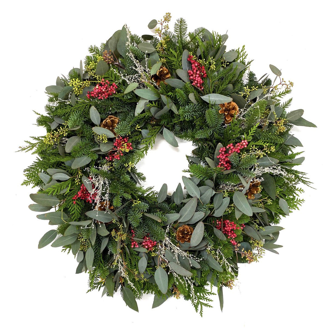 Holiday Berries Wreath - Creekside Farms Stunning fresh fir & eucalyptus with pine cones, artemisia & pepper berries wreath 18"/22"/28"