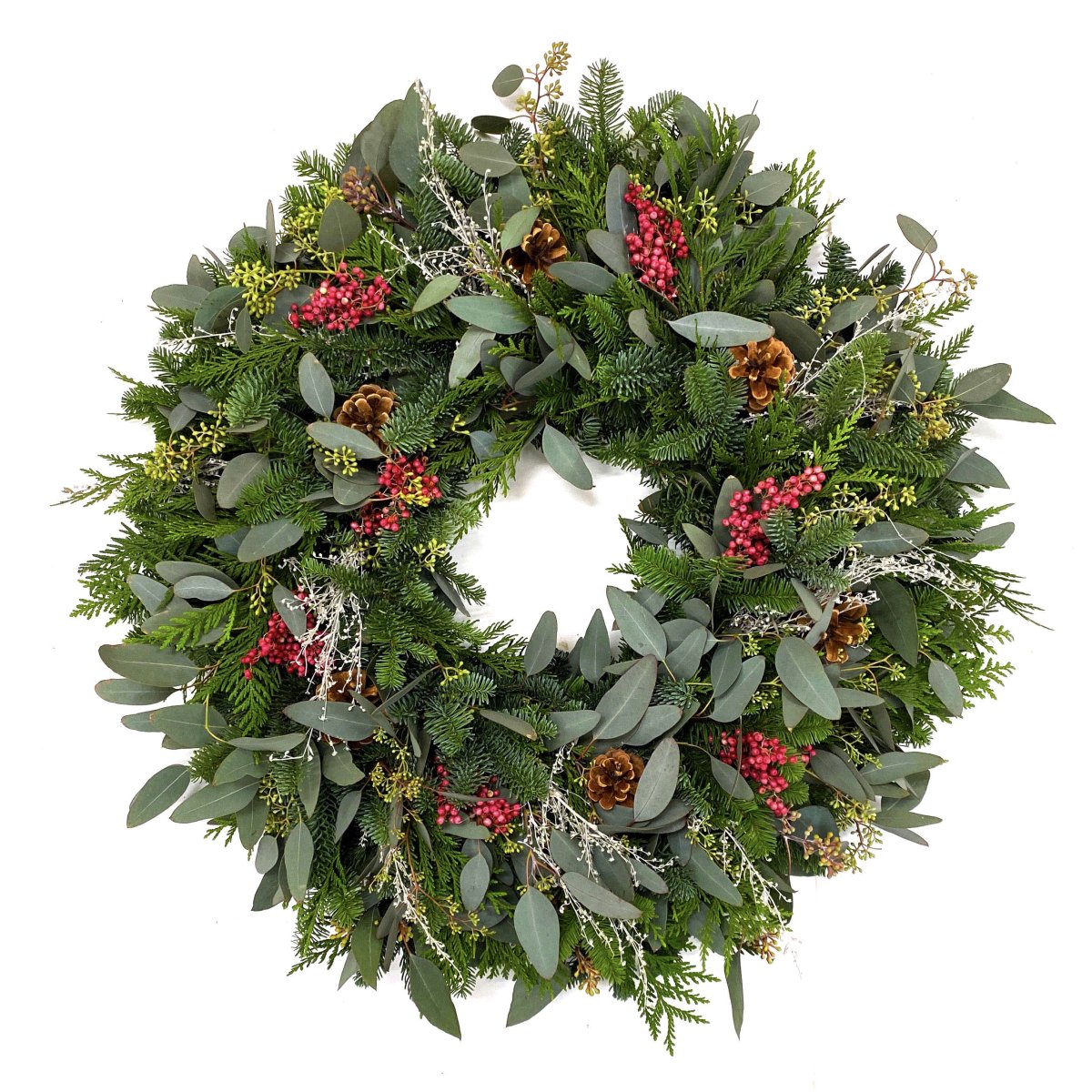 Holiday Berries Wreath - Creekside Farms Stunning fresh fir & eucalyptus with pine cones, artemisia & pepper berries wreath 18"/22"/28"