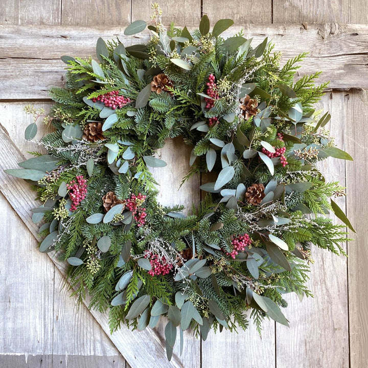 Holiday Berries Wreath - Creekside Farms Stunning fresh fir & eucalyptus with pine cones, artemisia & pepper berries wreath 18"/22"/28"