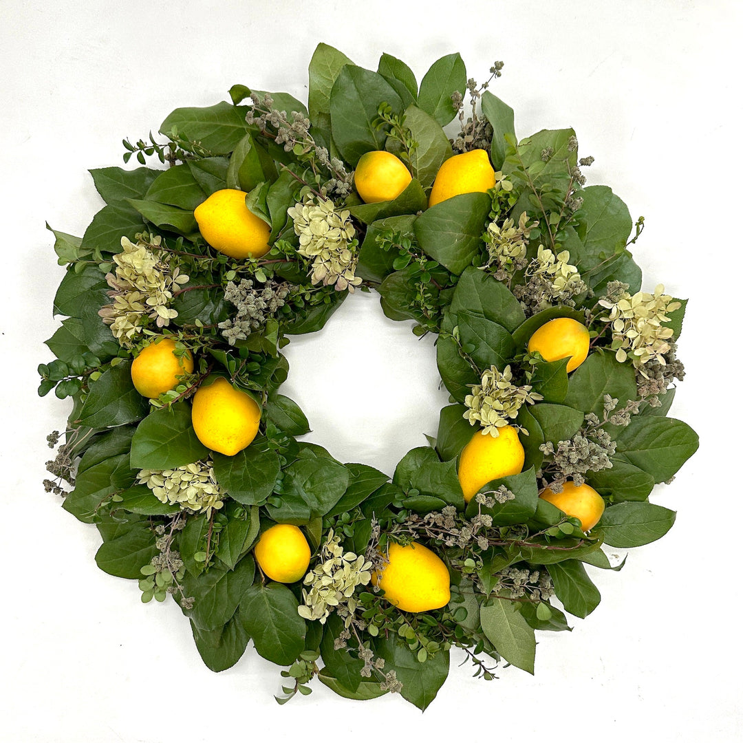 Lemon Hydrangea Wreath - Creekside Farms Beautiful combination of fresh boxwood and salal with sweet hydrangea and faux lemons wreath 20"