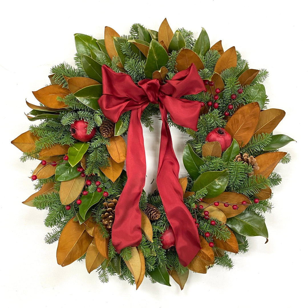 Magnolia and Fir Wreath - Creekside Farms Mixture of magnolia and fir with faux berries and pomegranates wreath 22"