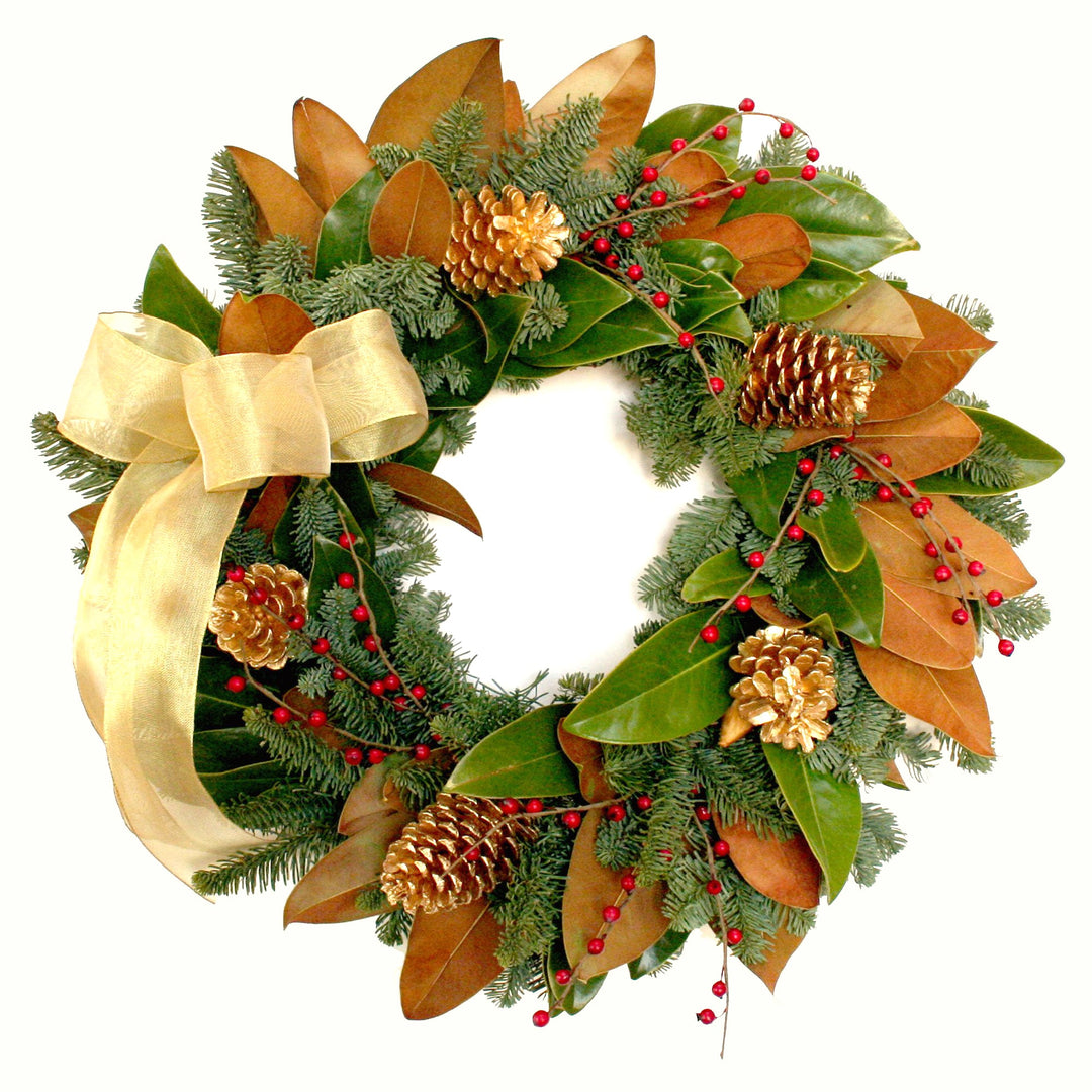 Magnolia Elegance Wreath - Creekside Farms Mixture of magnolia and fir with gilded pine cones & gold bow wreath 20"