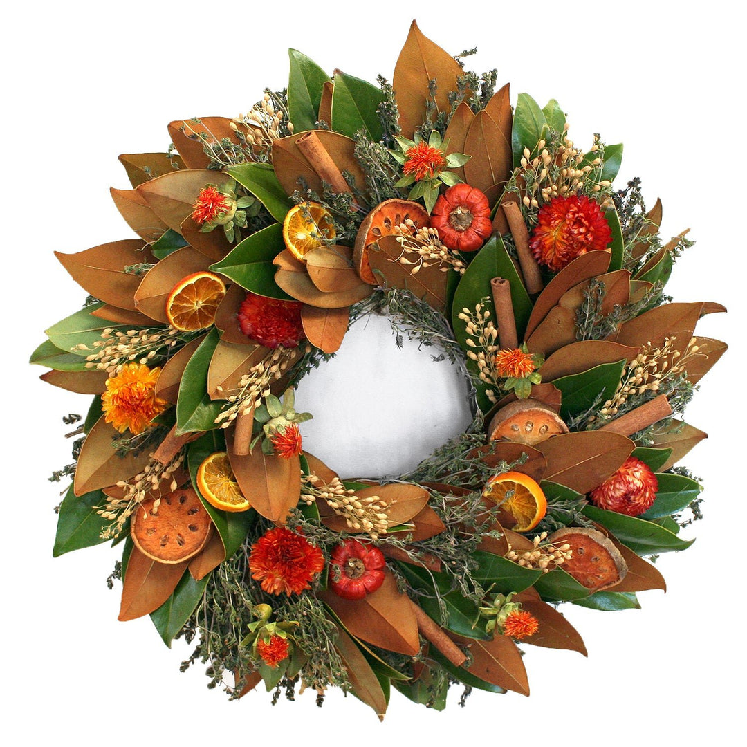 Magnolia Quince Wreath - Creekside Farms Gorgeous magnolia, dried quince, orange, cinnamon sticks & dried flowers wreath 20"