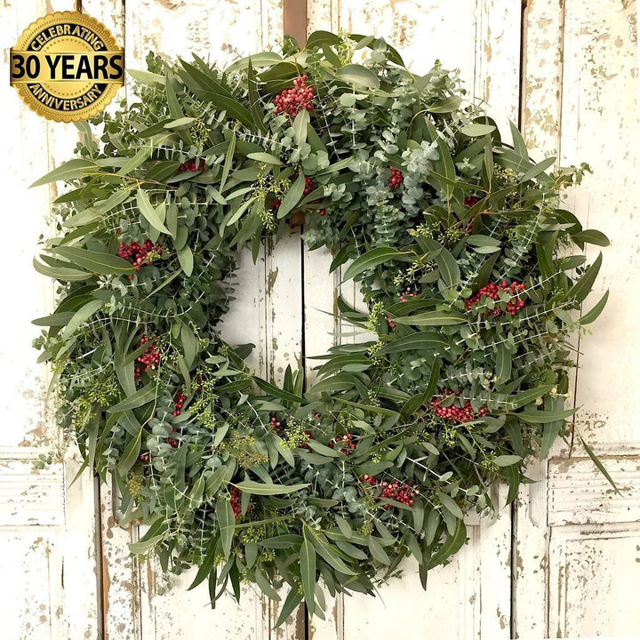 Mixed Eucalyptus and Pepperberry Anniversary Edition Wreath - Creekside Farms Handmade with fresh mixed eucalyptus and accented with pepper berries 22"/30"