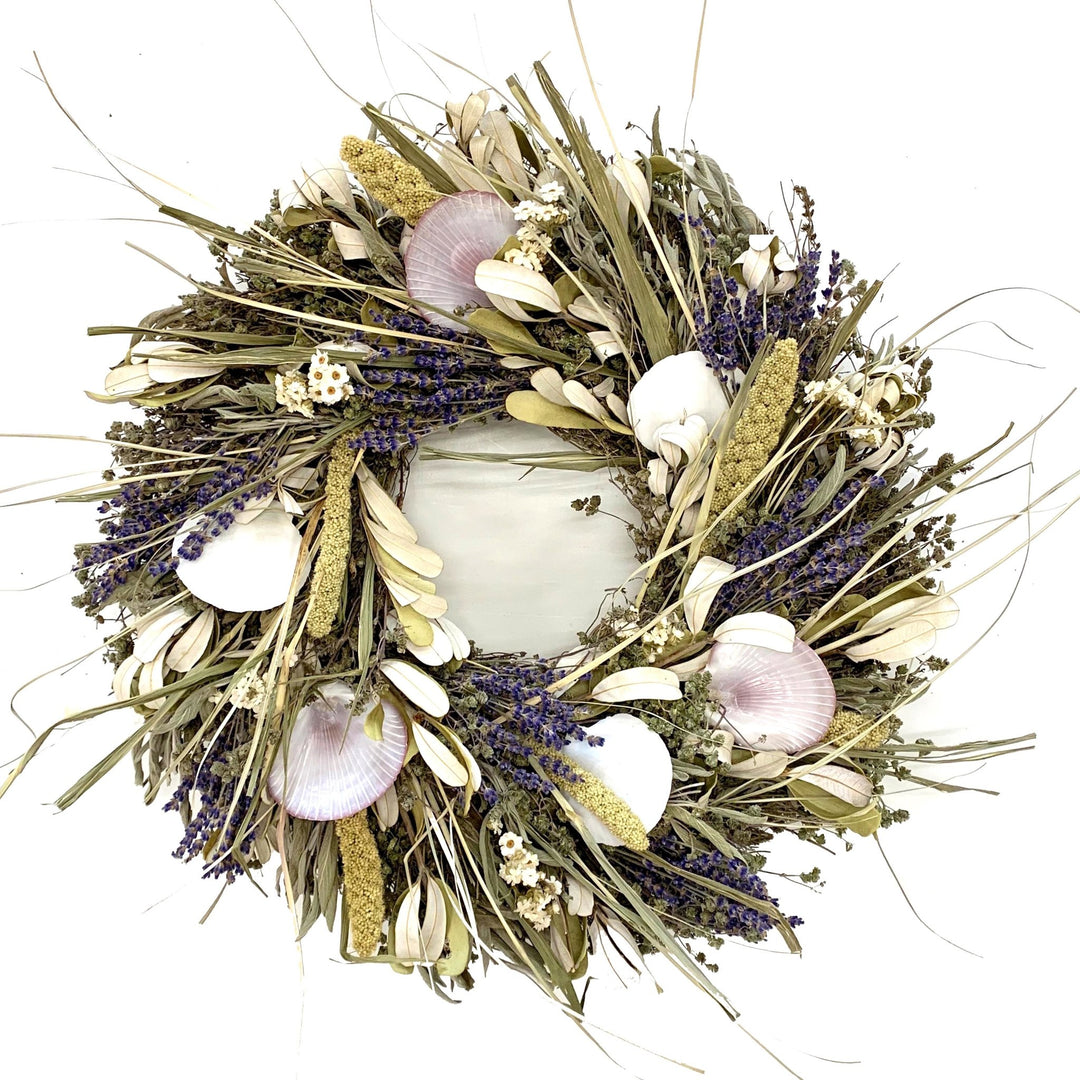 Ocean Breeze Wreath - Creekside Farms Beautiful savory, marjoram, sage, integrafolia, shells, lavender & Australian daisy wreath 18"