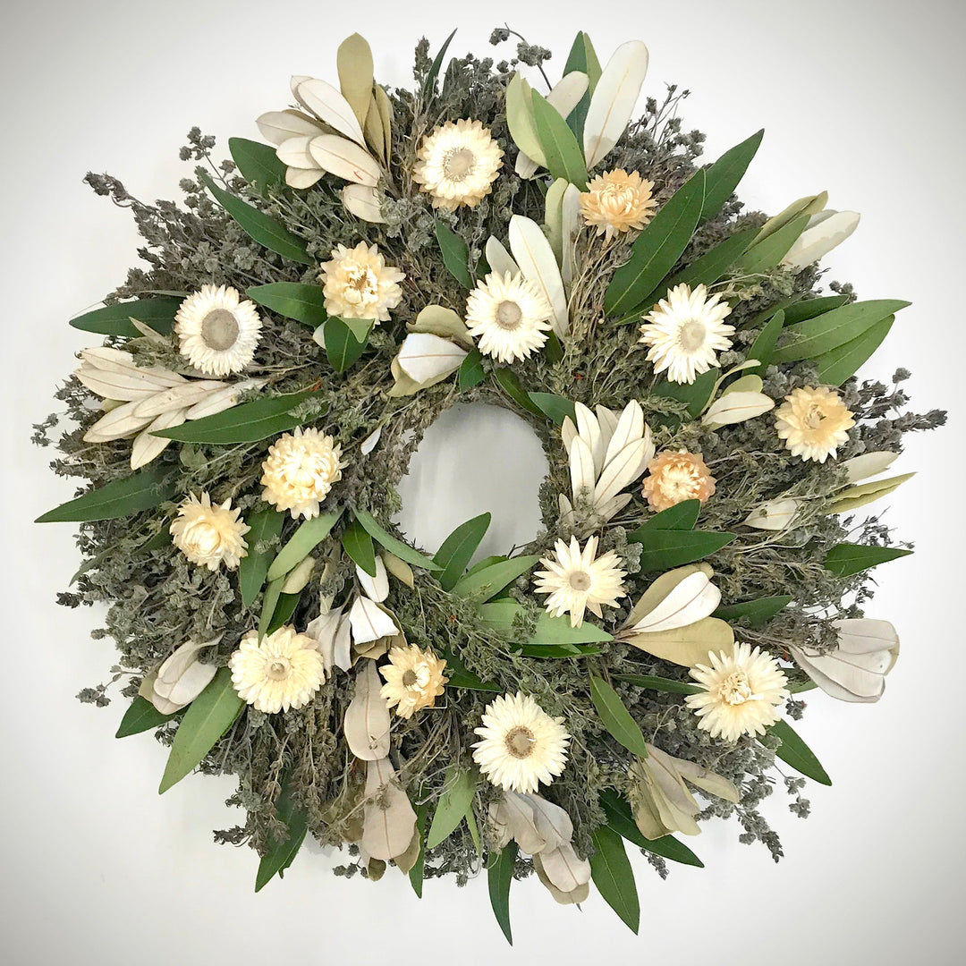 Pearl Wreath - Creekside Farms Classic everlasting with white strawflowers and dried herbs wreath 16" or 22"