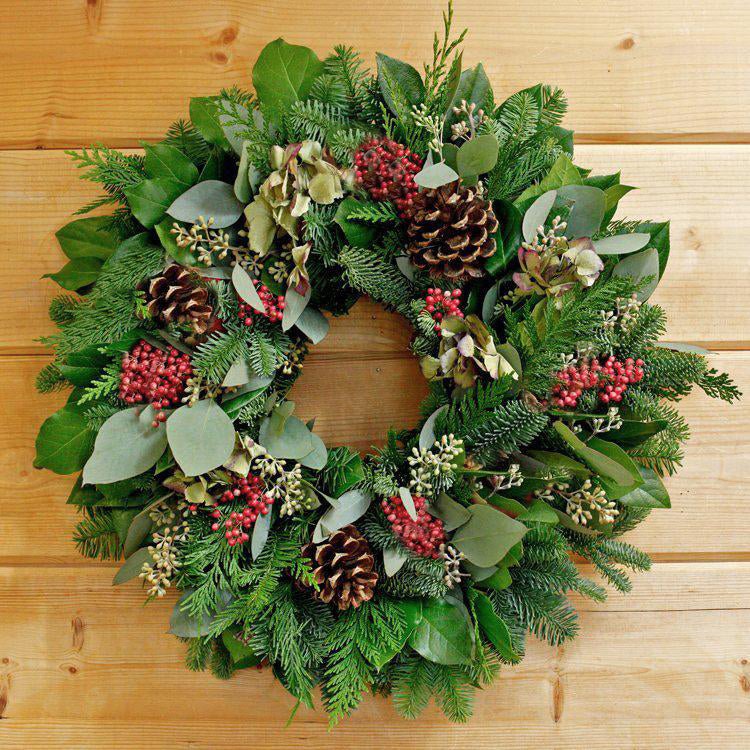 Pine Cone Holiday Wreath - Creekside Farms Gorgeous eucalyptus, Christmas greens, pine cones, pepper berries & hydrangea wreath 22"