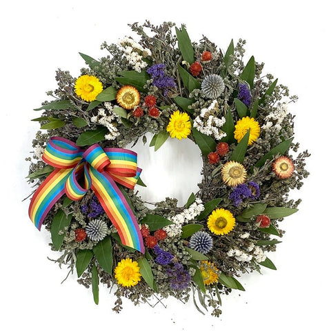 Pride Celebration Wreath - Creekside Farms Beautiful combination of bright and vibrant flowers and herbs with wired rainbow ribbon wreath 18"