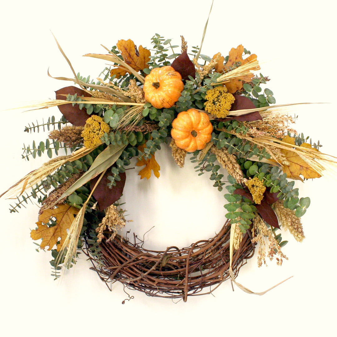 Pumpkin Autumn Wreath - Creekside Farms Beautiful combination of eucalyptus, broom corn, fall leaves & faux pumpkins wreath 20"/26"