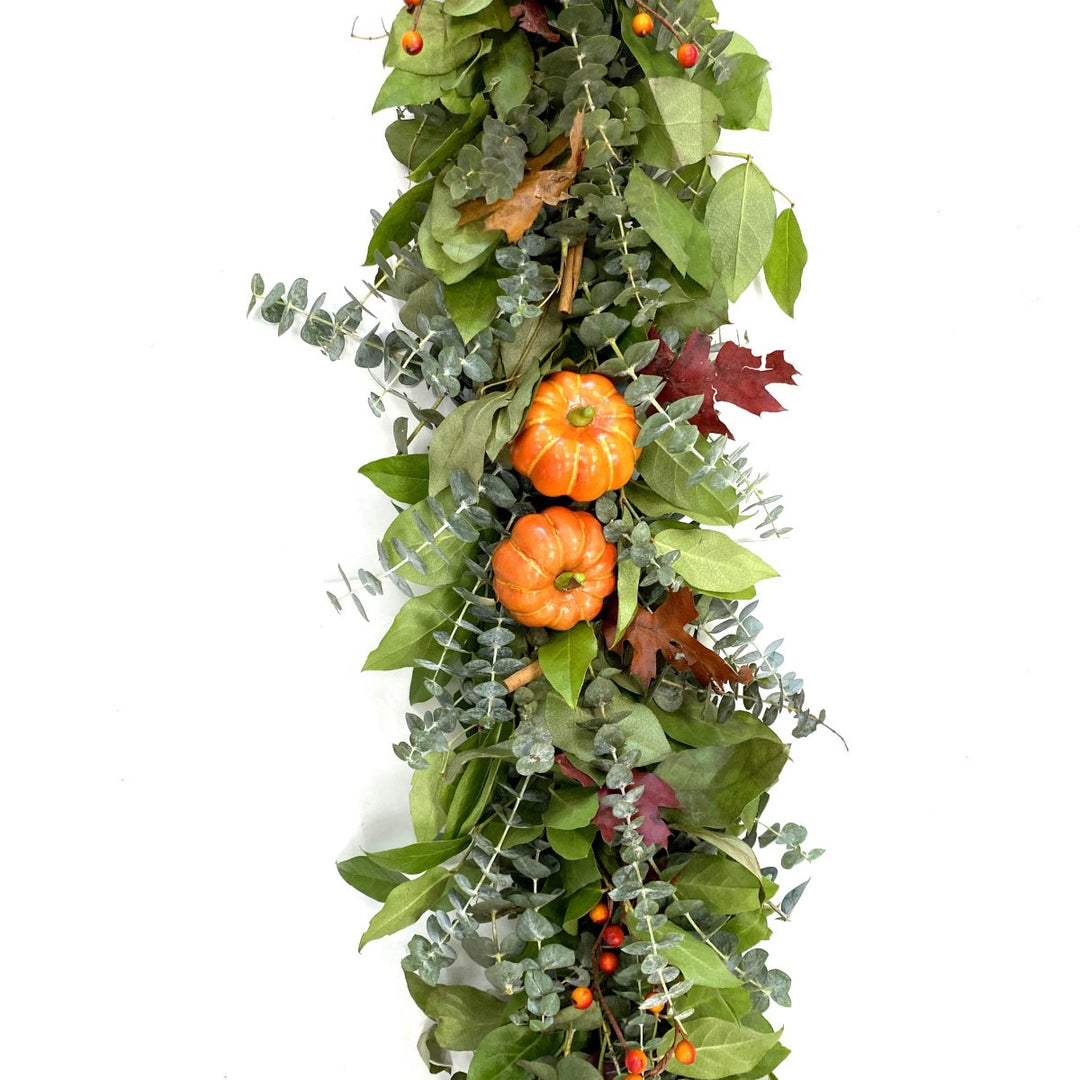 Pumpkin Spice Garland 6' - Creekside Farms Perfect combination of fall leaves, fragrant eucalyptus, faux pumpkins and spicy cinnamon sticks garland 6'