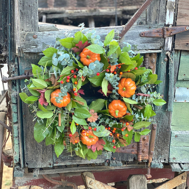 Pumpkin Spice Wreath - Creekside Farms Fall leaves, eucalyptus, pumpkins and cinnamon sticks wreath 20"/28"