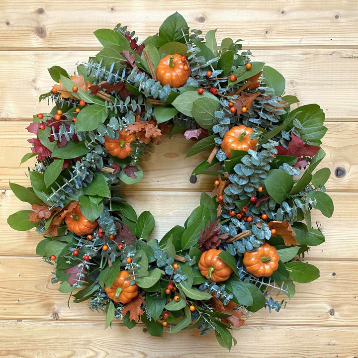 Pumpkin Spice Wreath - Creekside Farms Fall leaves, eucalyptus, pumpkins and cinnamon sticks wreath 20"/28"