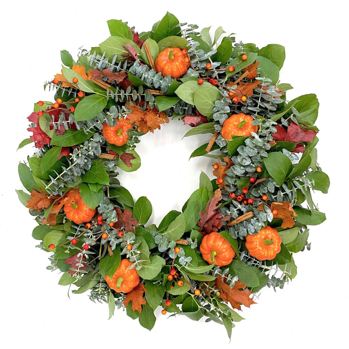 Pumpkin Spice Wreath - Creekside Farms Fall leaves, eucalyptus, pumpkins and cinnamon sticks wreath 20"/28"