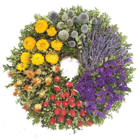 Rainbow Wreath - Creekside Farms Cheerful and colorful flowers and herbs with fresh boxwood wreath 16"
