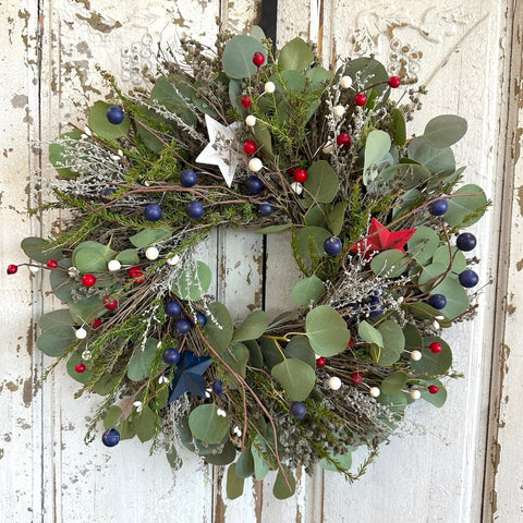 Red, White and Blue Wreath - Creekside Farms Botanical Wreath with red, white and blue metal stars and faux berries 18""