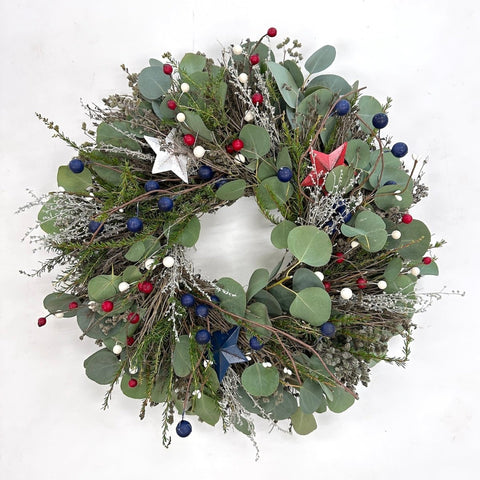 Red, White and Blue Wreath - Creekside Farms Botanical Wreath with red, white and blue metal stars and faux berries 18""