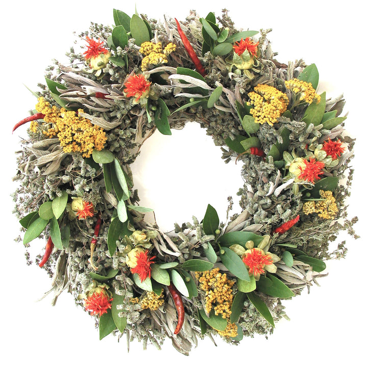 Safflower Herb Wreath - Creekside Farms Gorgeous mix of dried marjoram, savory, sage, colorful flowers and chilies wreath 16"