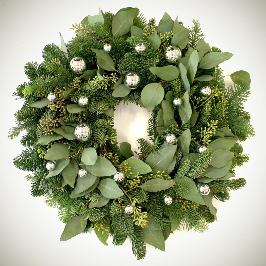 Simply Elegant Wreath - Creekside Farms A beautiful combination of fresh fir and eucalyptus with elegant multi-sized ornaments wreath 22"