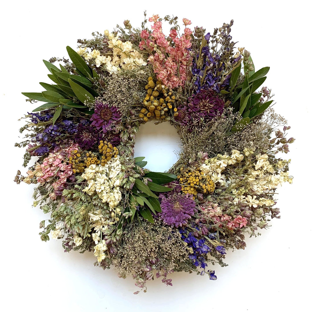 Spring Awakening Wreath - Creekside Farms Mixture of tansy, monarda, zinnias, sage, marjoram, statice & Larkspur wreath 16"