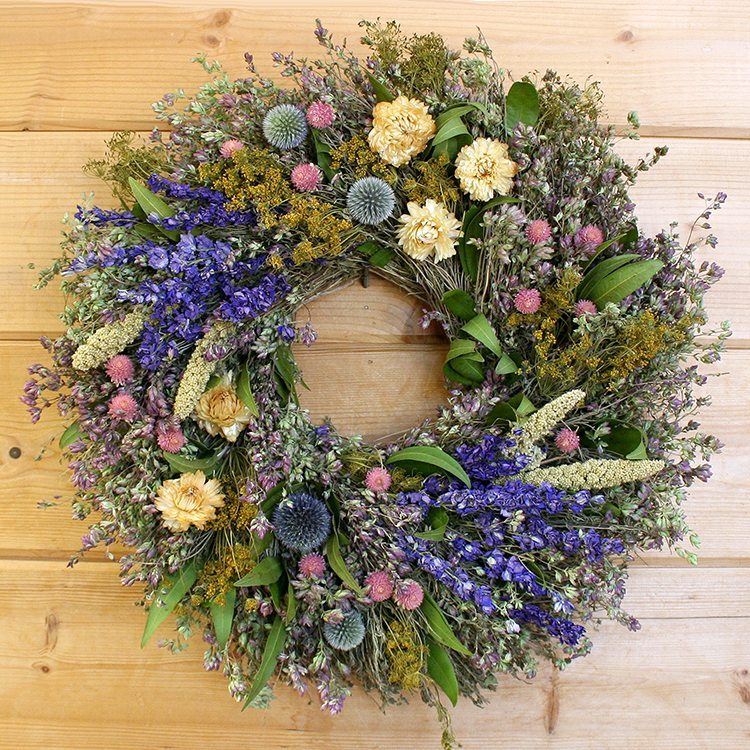 Spring Fling Wreath - Creekside Farms Mixture of Strawflowers, thistles, globes, larkspur, dill & fresh bay wreath 20"