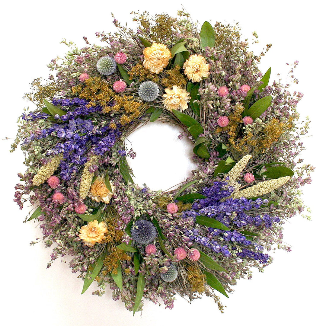 Spring Fling Wreath - Creekside Farms Mixture of Strawflowers, thistles, globes, larkspur, dill & fresh bay wreath