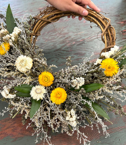 Summer Floral Wreath - Creekside Farms All natural wreath with vibrant strawflowers, marjoram and fresh bay on twig base wreath 16"