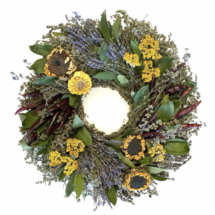 Sunflower Herb Wreath - Creekside Farms Beautiful blend of dried herbs, sunflowers, and chiles make this wonderful wreath 18" or 22"