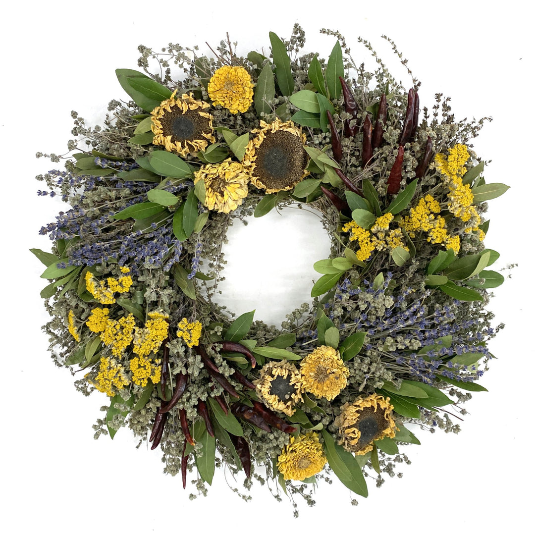 Sunflower Herb Wreath - Creekside Farms Beautiful blend of dried herbs, sunflowers, and chiles make this wonderful wreath 18" or 22"