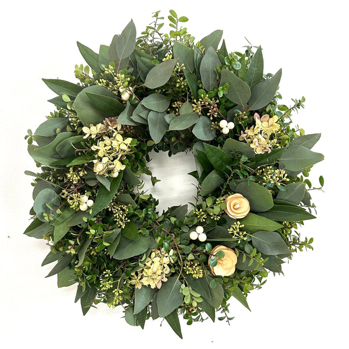 Sweet Spring Wreath - Creekside Farms A timeless mix of neutral tones with pearls and wooden cream roses wreath 18"