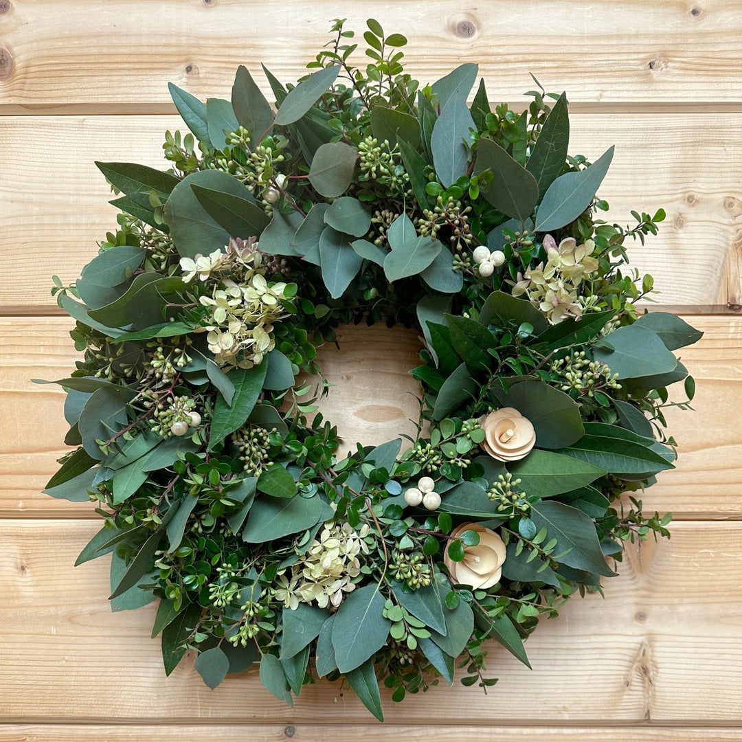 Sweet Spring Wreath - Creekside Farms A timeless mix of neutral tones with pearls and wooden cream roses wreath 18"