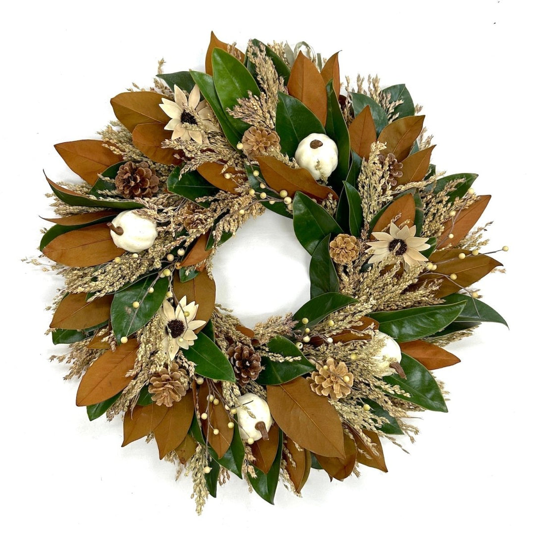 White Pumpkin Magnolia Wreath - Creekside Farms A wonderful combination of fresh magnolia and broom corn with faux white pumpkins, berries and pine cones, elegant wreath 20 & 24"