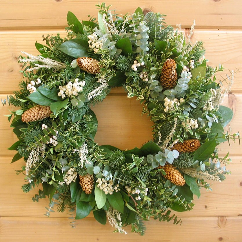 Winter Radiance Wreath - Creekside Farms Fresh eucalyptus, fir, oregonia & Salal, artemisia, achillia, pine cones & tallow berries 20"/22" wreath